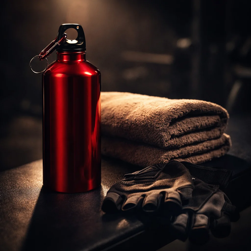 Reusable aluminum water bottle on gym bench with fitness accessories