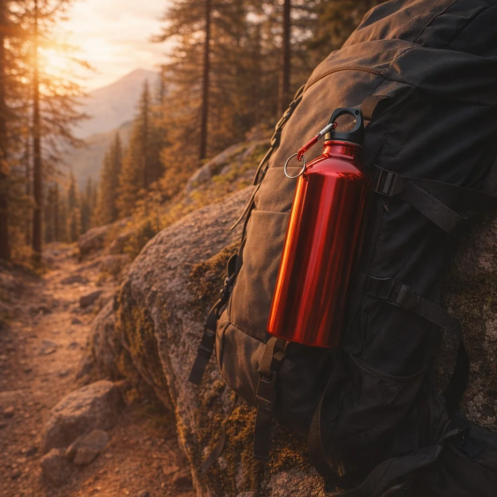Reusable aluminum water bottle clipped to hiking backpack on mountain trail