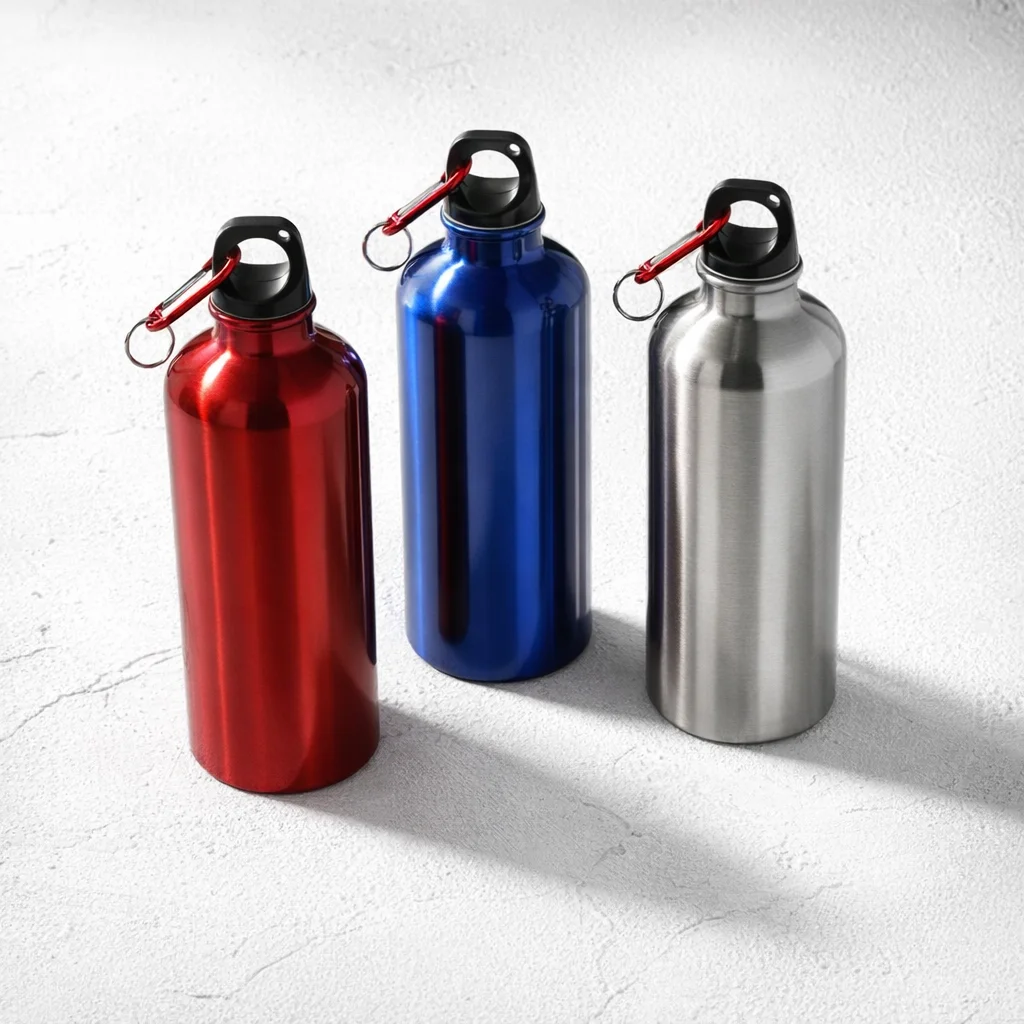 Reusable aluminum water bottles in three colors - red, blue, and white - studio photography