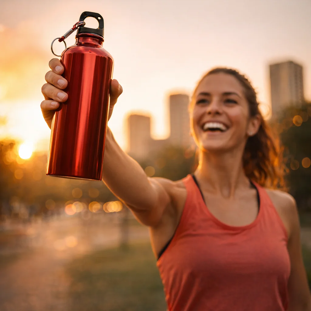 Sipalu best reusable metal water bottle held up after a workout at golden hour