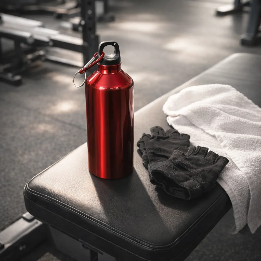 Reusable aluminum water bottle at the gym next to workout gear
