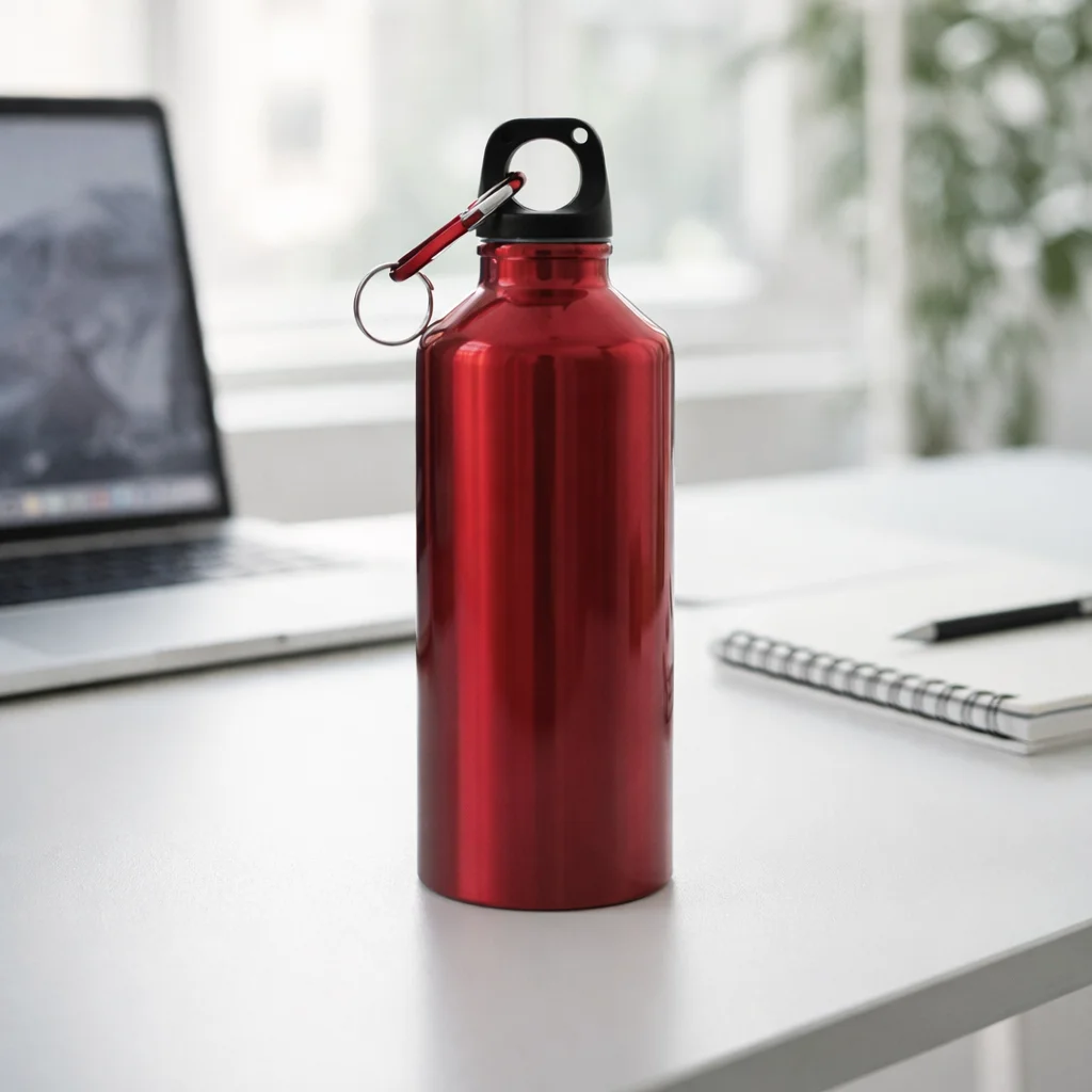 Reusable sustainable metal water bottle on an office desk beside a laptop