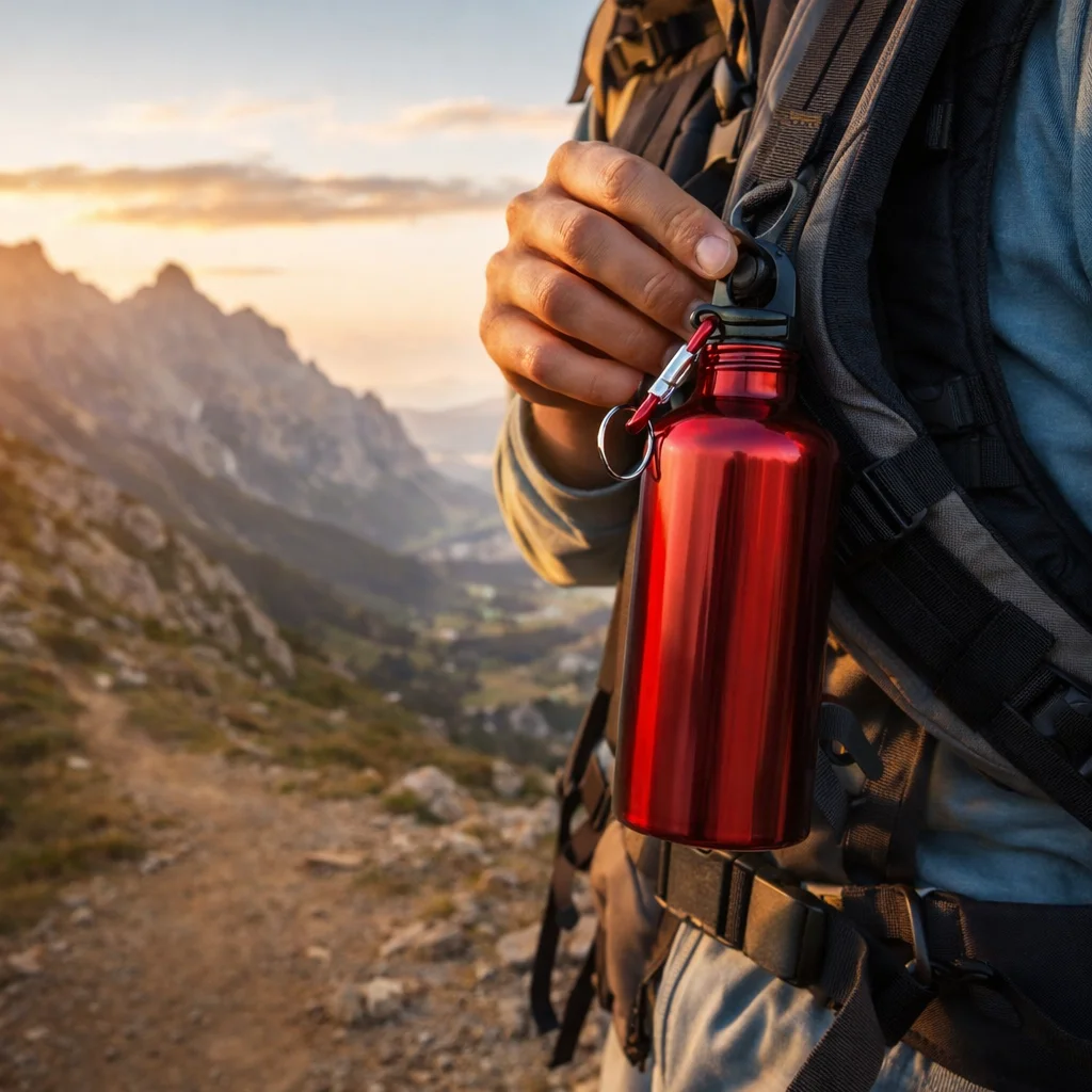 Best reusable metal water bottle clipped to backpack on a mountain hiking trail