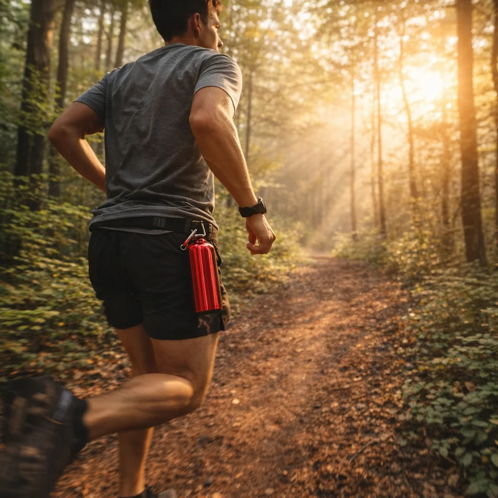 Reusable aluminum water bottle being used during trail running outdoors